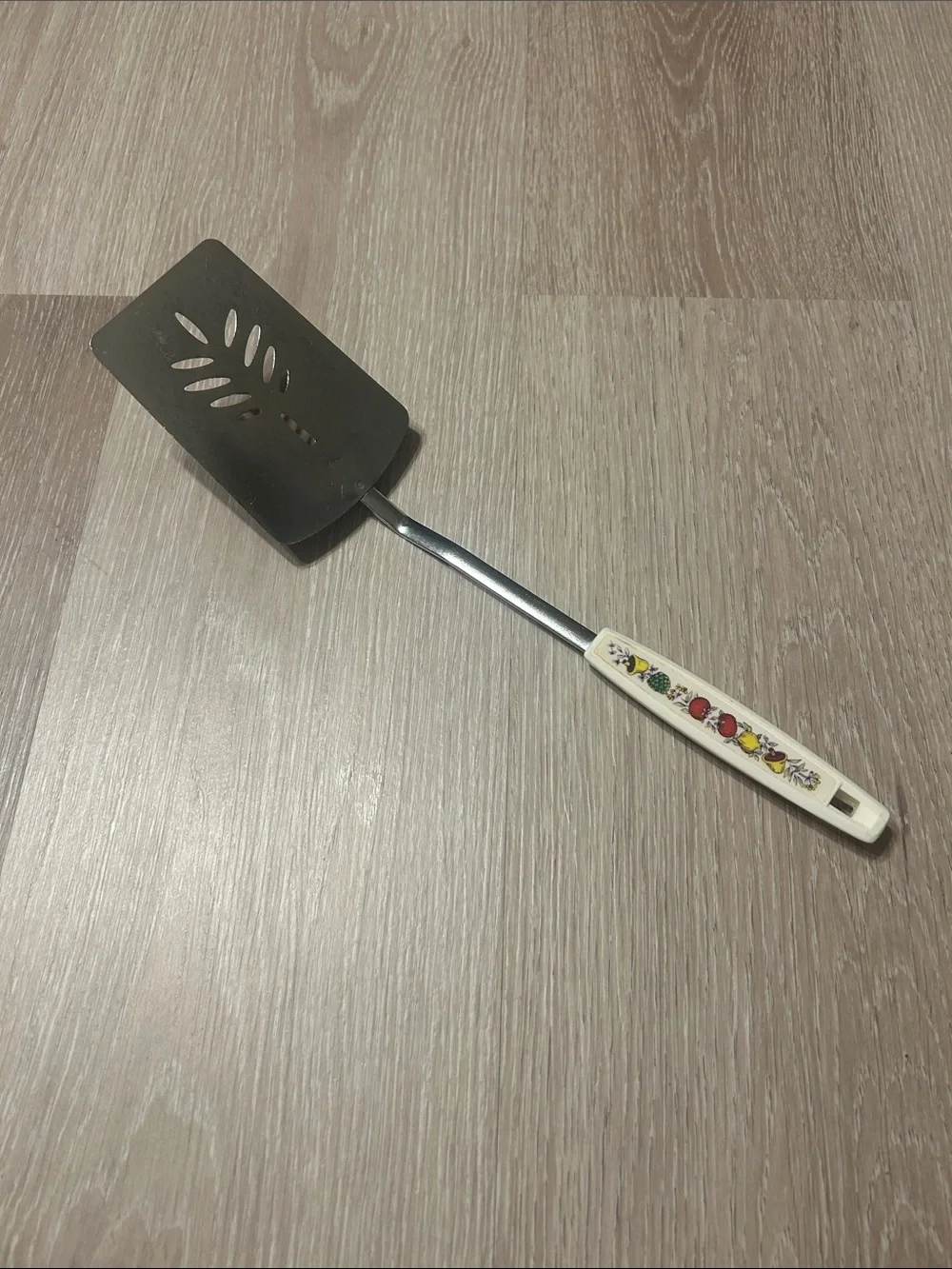 Vintage Vegetable Floral White Plastic Handle Metal Slotted Turner Spatula